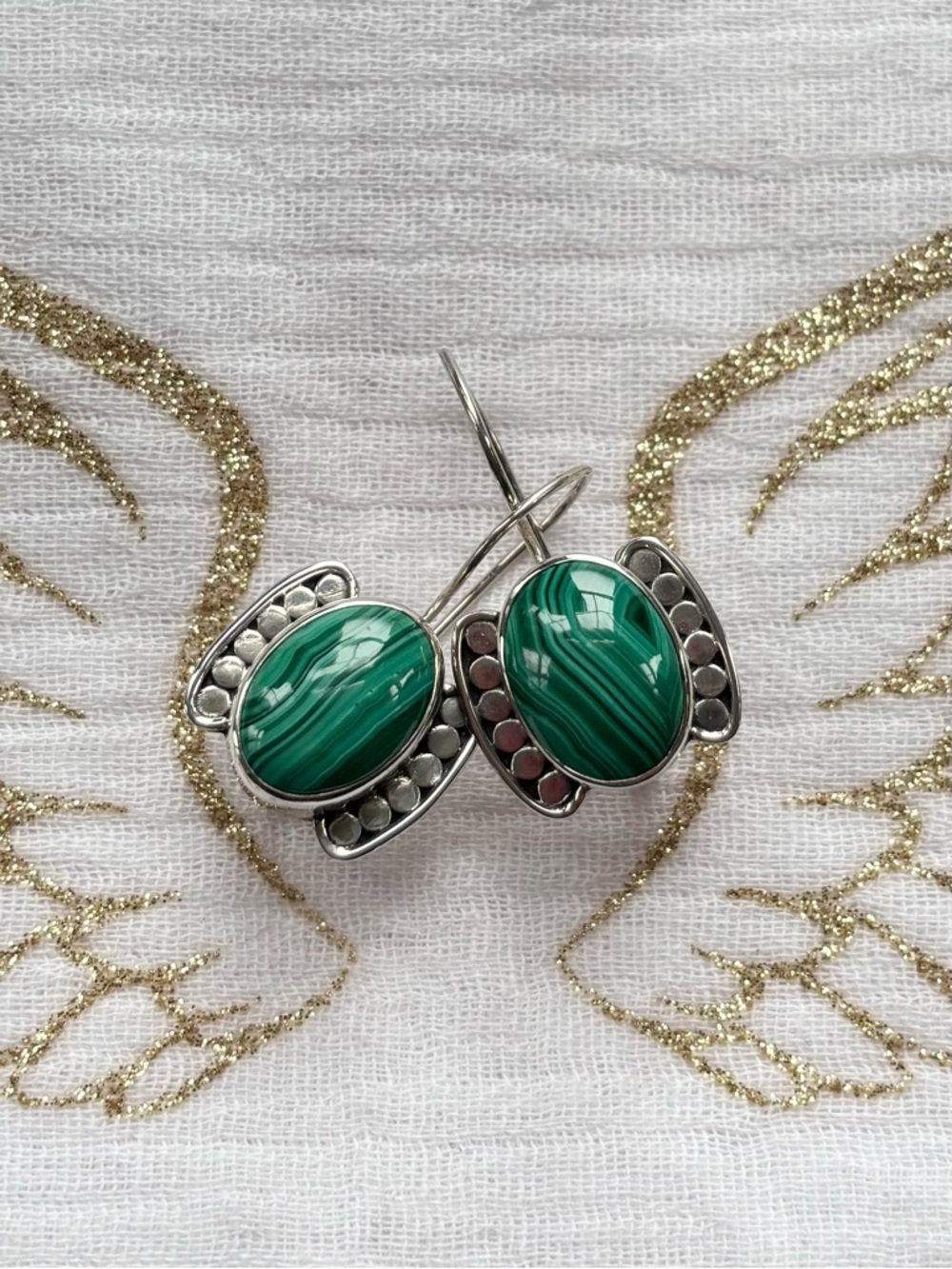 Green Malachite Oval Stone Sterling Silver Drop Earrings Latchback Earwires